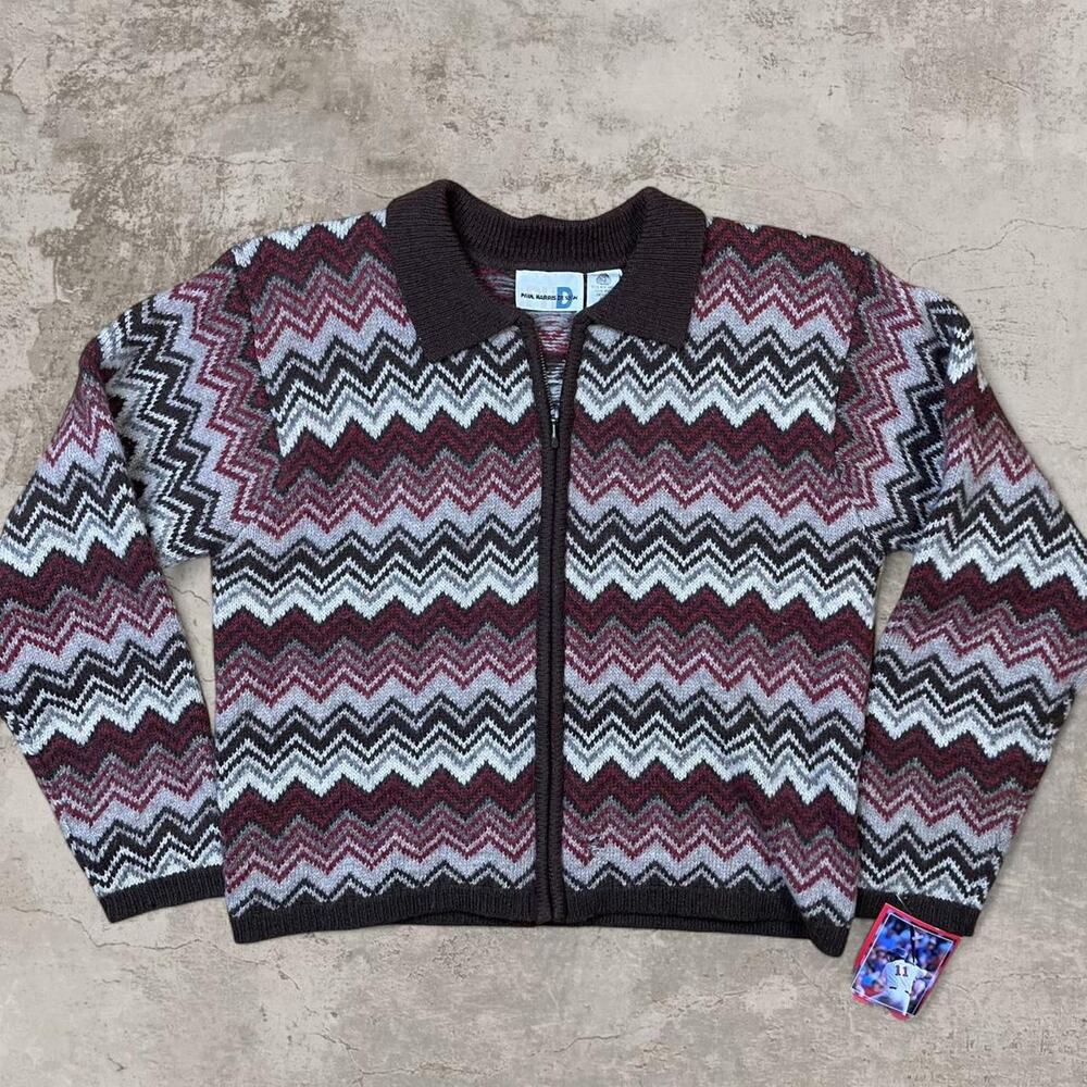80s boxy Paul Harris Multi Color Wool zip up sweater M